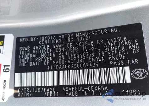 2025 Toyota Camry Le z USA, uszkodzony, nr VIN 4T1DAACK2SU067434